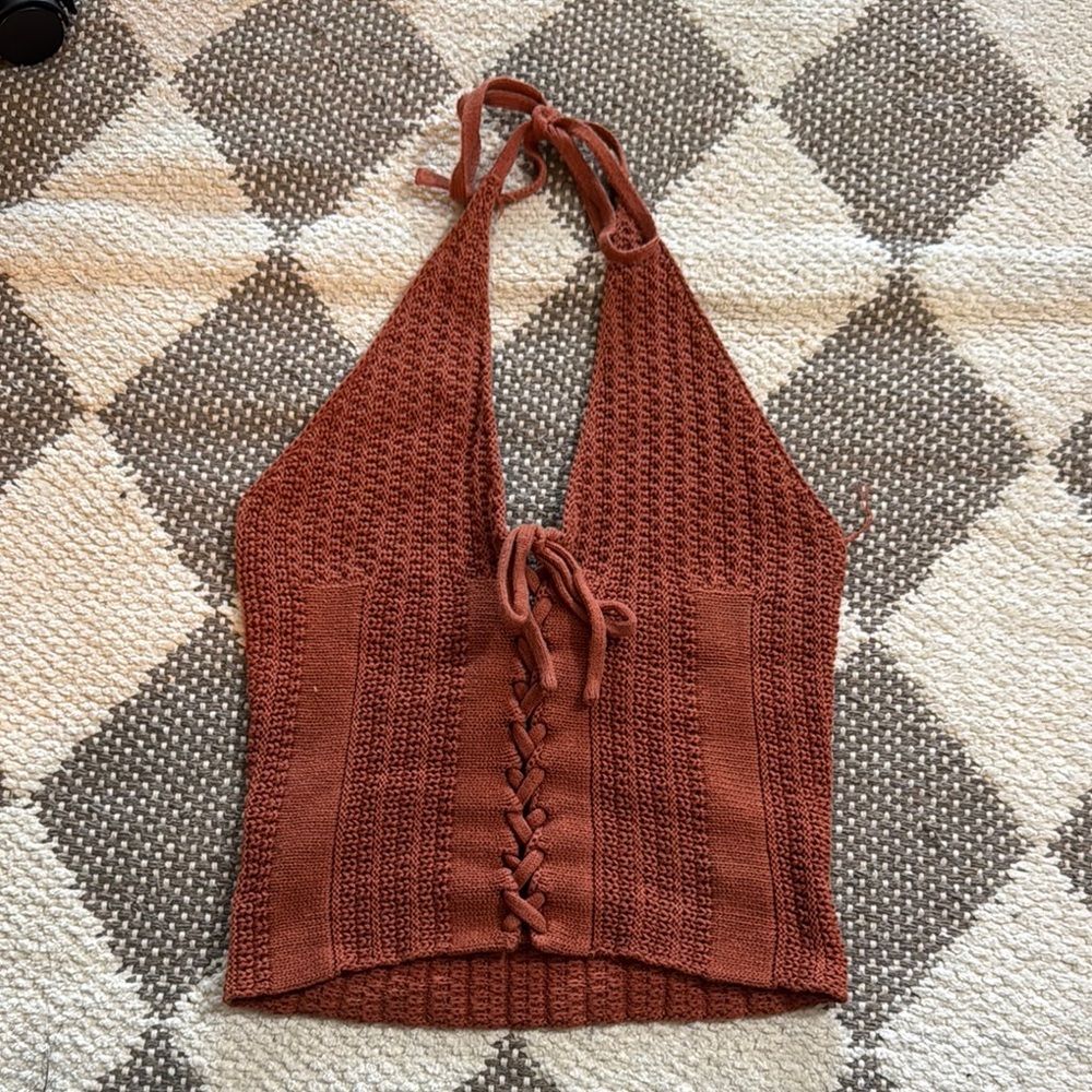 Forever 21 Brown Ribbed Tie Front Sleeveless Crop Top